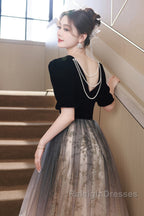 Black Gradient Tulle And Velvet Short Sleeves Party Dress, A-Line Tulle Long Formal Dress