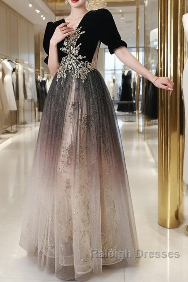 Black Gradient Tulle And Velvet Short Sleeves Party Dress, A-Line Tulle Long Formal Dress Main image