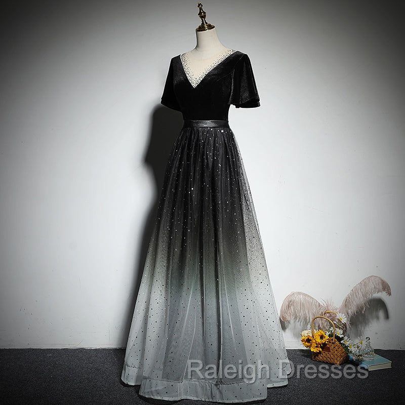 Black Gradient tulle and Velvet Short Sleeves V Neckline Tulle Prom Dress, Black Tulle Prom Dress Secondary image
