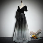 Black Gradient tulle and Velvet Short Sleeves V Neckline Tulle Prom Dress, Black Tulle Prom Dress