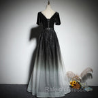 Black Gradient tulle and Velvet Short Sleeves V-neckline Tulle Party Dress, Black Tulle Prom Dress