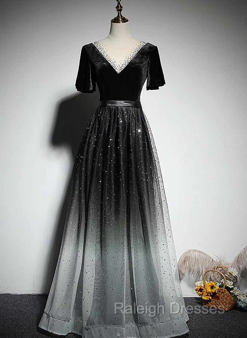 Black Gradient tulle and Velvet Short Sleeves V Neckline Tulle Prom Dress, Black Tulle Prom Dress Main image