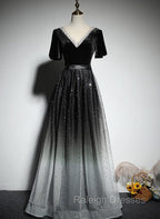 Black Gradient tulle and Velvet Short Sleeves V Neckline Tulle Prom Dress, Black Tulle Prom Dress