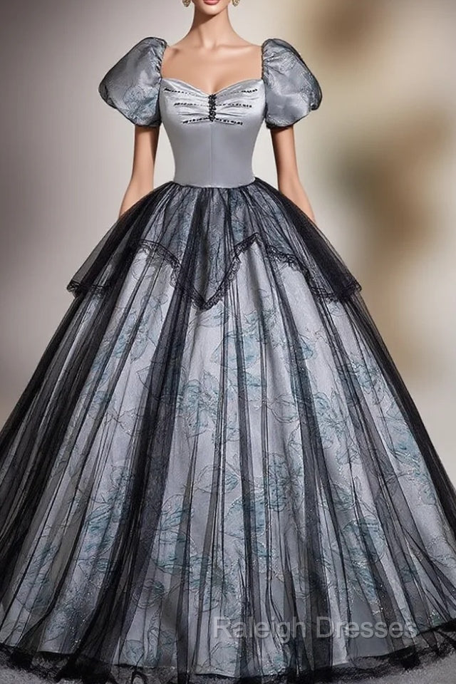 Black Gray Tulle Puff Sleeve Beading Quinceanera Dress