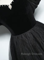 Black Haler Tulle And Velvet Long Prom Dress, Black A-Line Tulle Evening Dress