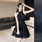 Black Halter Chiffon Short Homecoming Dress, Black Short Prom Dress