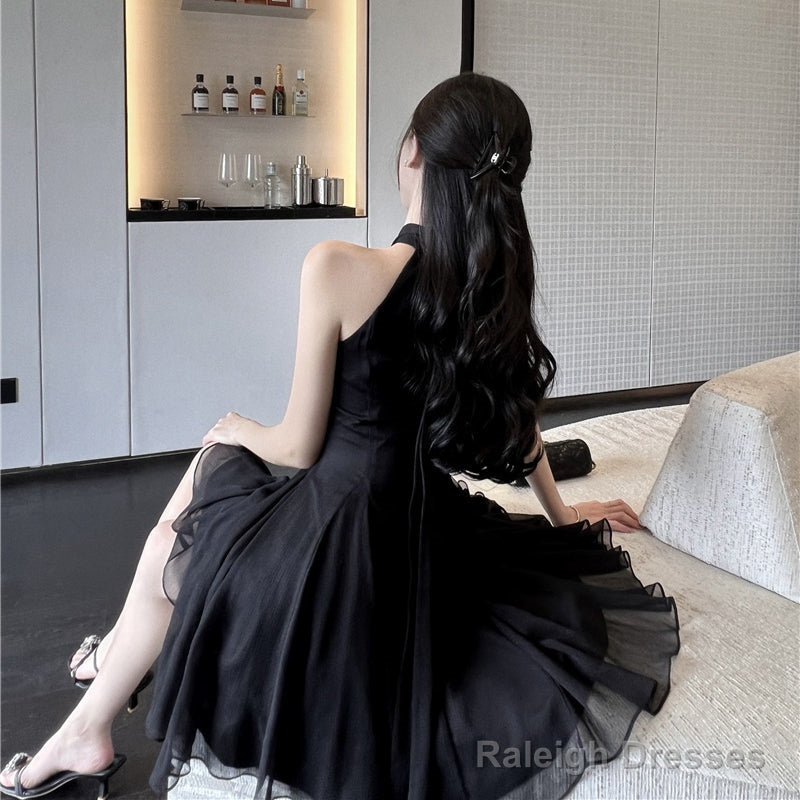 Black Halter Chiffon Short Homecoming Dress, Black Short Prom Dress