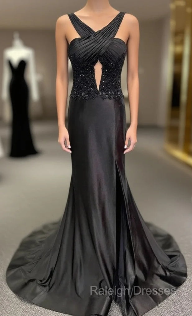 Black Halter Long Prom Dress with Corset Top and Slit Skirt Main image
