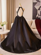 Black Halter Satin A-Line Simple Style Prom Dress, Black Satin Party Dress
