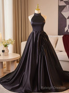 Black Halter Satin A-Line Simple Style Prom Dress, Black Satin Party Dress