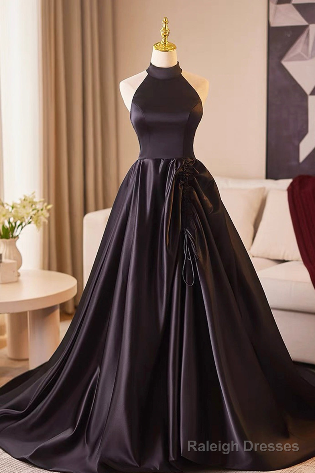 Black Halter Satin Long Prom Dress, Elegant A-Line Backless Party Dress Main image