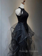 Black Halter Tulle Layers Long Prom Dress with Sequins, Black Prom Dress