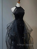 Black Halter Tulle Layers Long Prom Dress with Sequins, Black Prom Dress