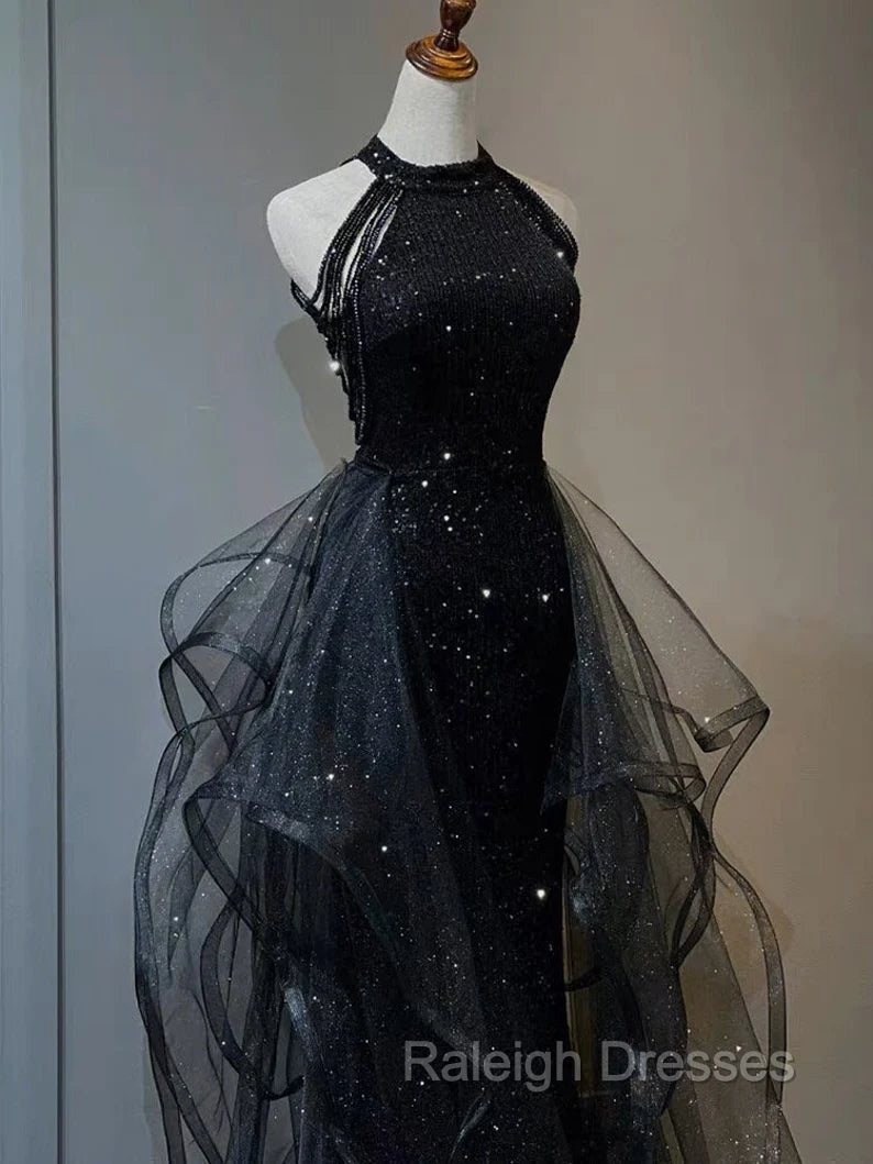 Black Halter Tulle Layers Long Prom Dress with Sequins, Black Prom Dress