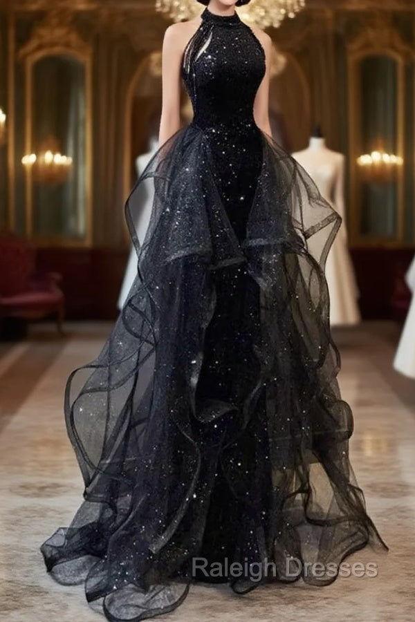 Black Halter Tulle Layers Long Prom Dress with Sequins, Black Prom Dress