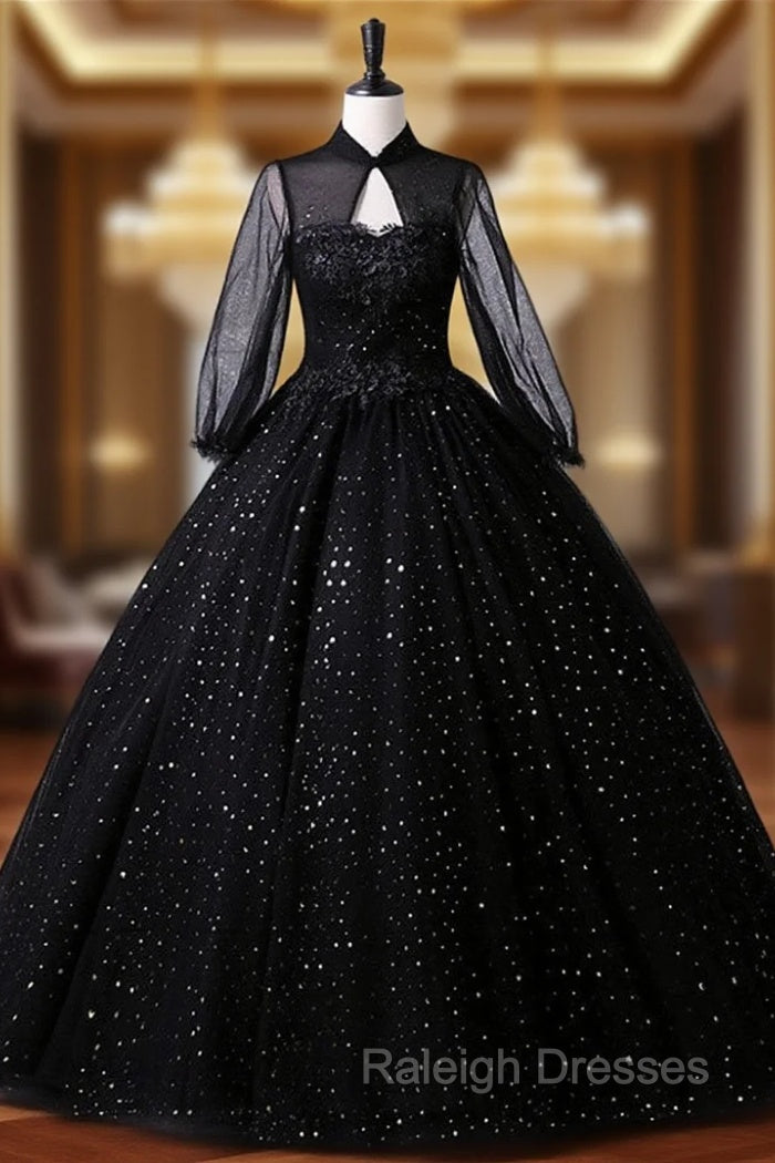 Black High Neckline Long Sleeves Tulle Sweet 16 Dress, Black Ball Gown Formal Dress Main image