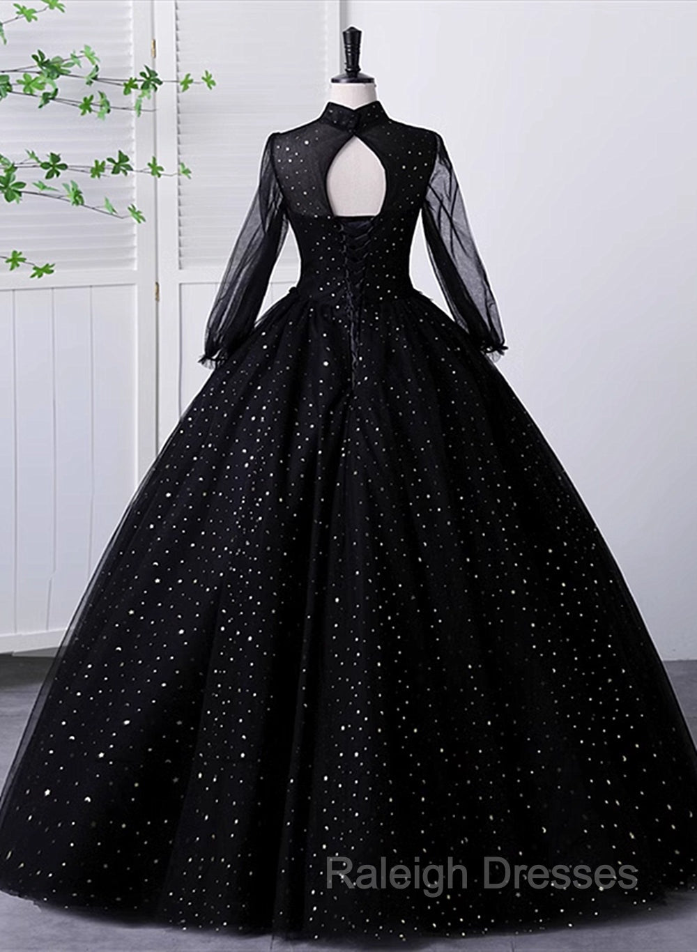 Black High Neckline Long Sleeves Tulle Sweet 16 Dress, Black Ball Gown Formal Dress