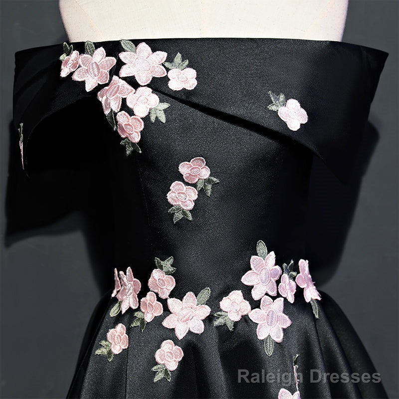 Black Knee Length Satin With Flowers Party Dress, Black Short Prom Dress Homecoming Dress
