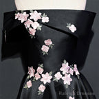 Black Knee Length Satin With Flowers Prom Dresses Black Short Prom Dresses Homecoming Dresses