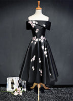 Black Knee Length Satin With Flowers Party Dress, Black Short Prom Dress Homecoming Dress