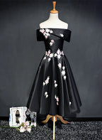 Black Knee Length Satin With Flowers Prom Dresses Black Short Prom Dresses Homecoming Dresses