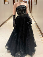 Black Lace A-Line Strapless Beaded Long Prom Dresses Black Floor Length Prom Dresses