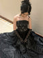 Black Lace A-Line Strapless Beaded Long Formal Dress, Black Floor Length Evening Dress