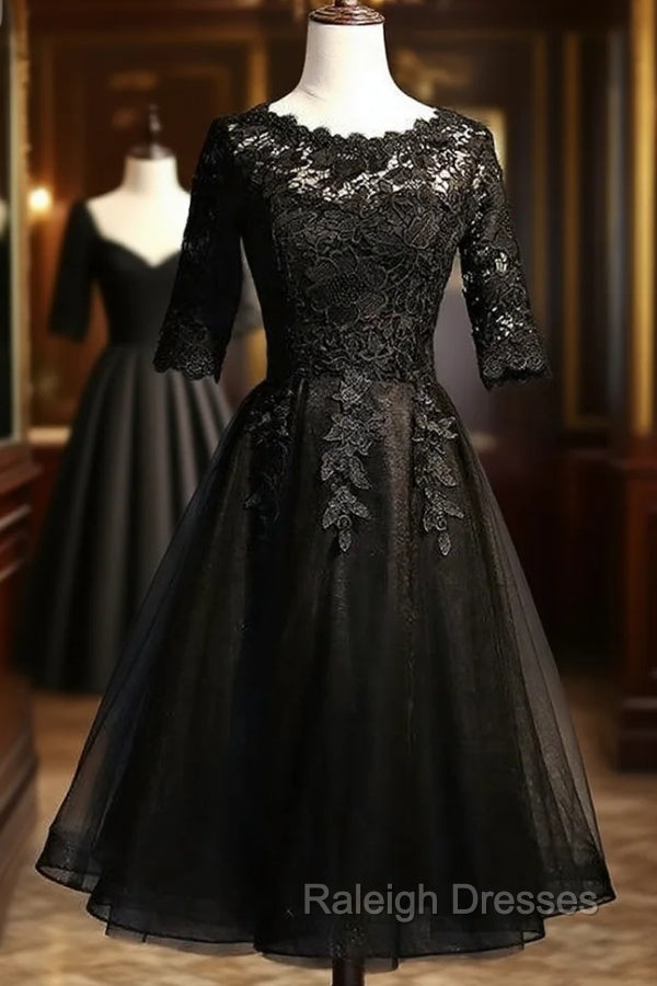 Black Lace and Tulle Short Sleeves Party Dresses Formal Dress, Black Homecoming Dresses