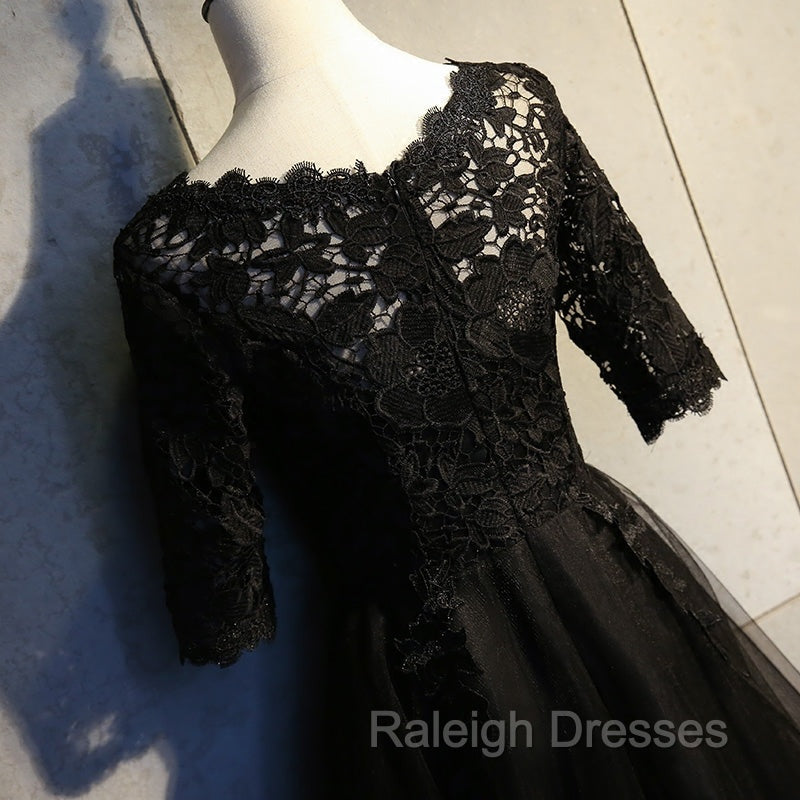 Black Lace and Tulle Short Sleeves Party Dresses Formal Dress, Black Homecoming Dresses