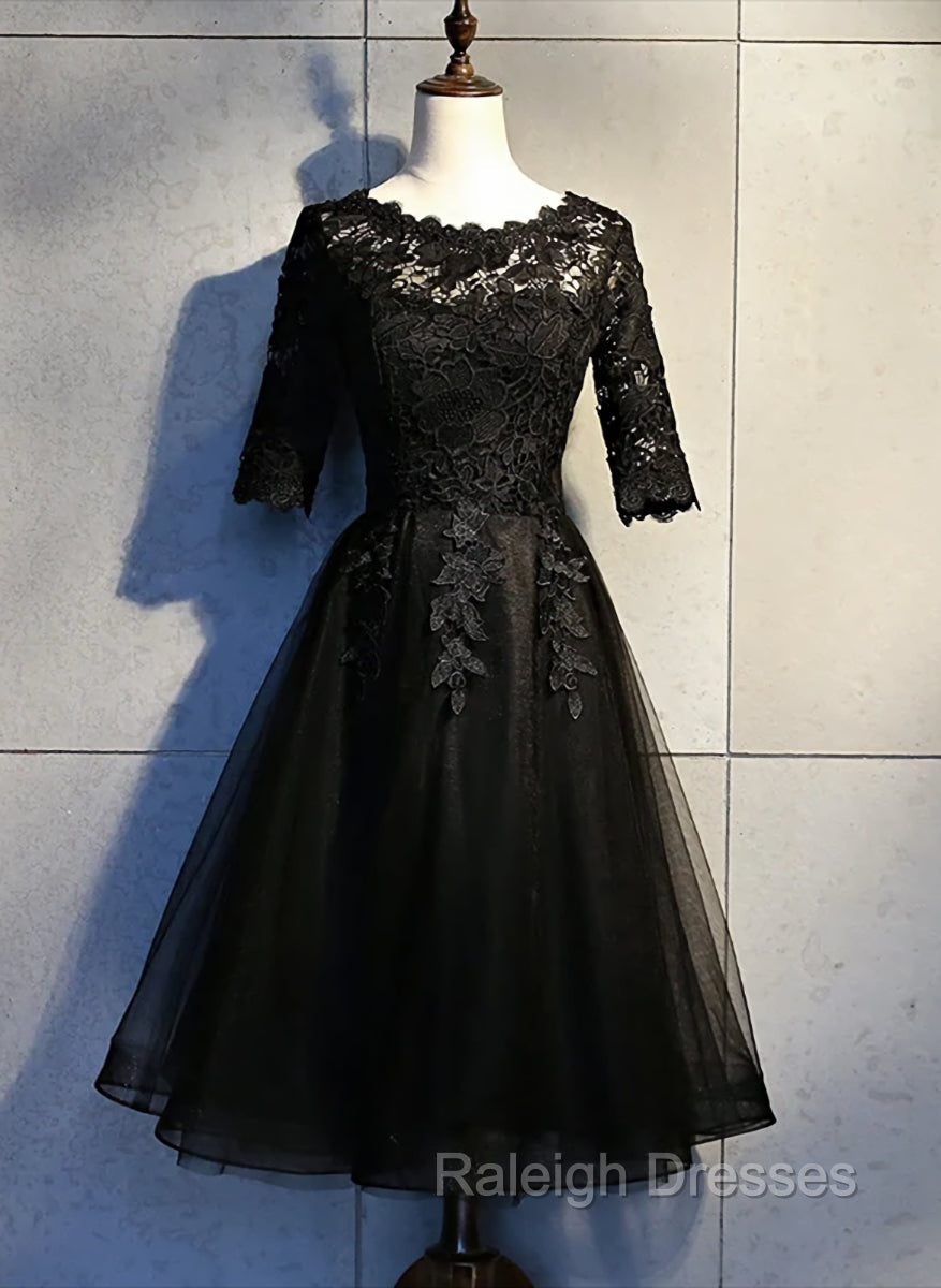Black Lace and Tulle Short Sleeves Party Dresses Formal Dress, Black Homecoming Dresses Main image