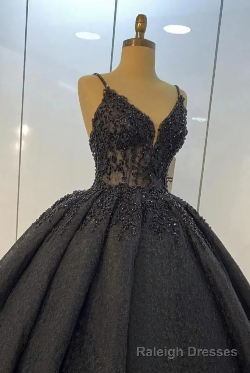 Black lace ball gown dresses for wedding , spaghetti straps prom dress Secondary image