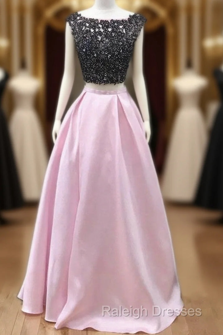 Black Lace Beaded Two Piece Satin Prom Dresses Main image