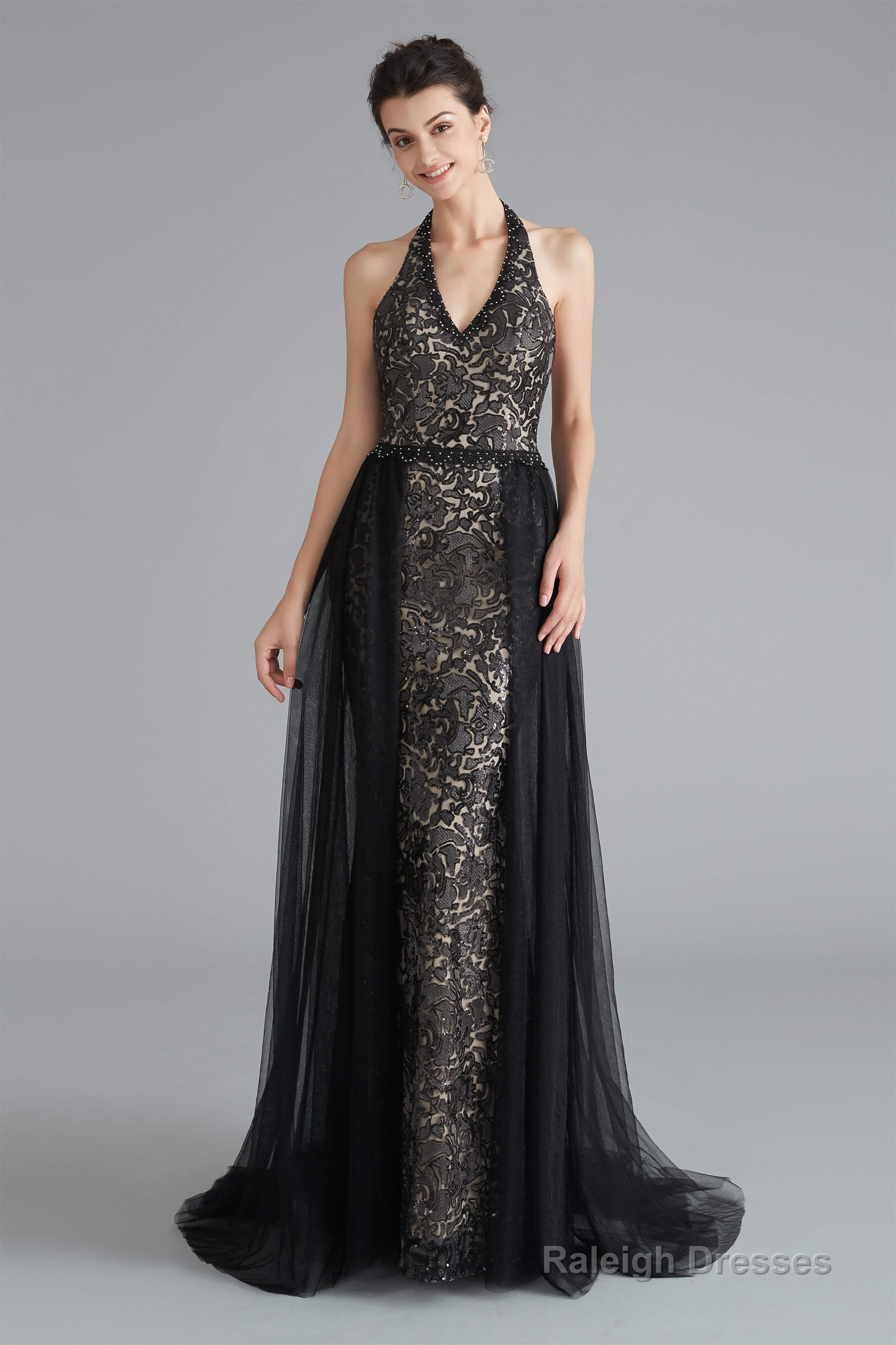 Black Lace Halter Prom Dresses with Tulle Overskirt Secondary image