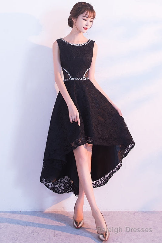Black Lace High Low Beaded Short Party Dress, Black Homecoming Dress Prom Dress