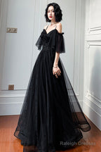 Black Lace Long A-Line Prom Dresses Black Off The Shoulder Prom Dresses