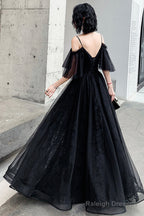 Black Lace Long A-Line Prom Dress, Black Off The Shoulder Evening Dress