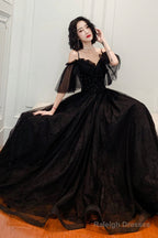 Black Lace Long A-Line Prom Dresses Black Off The Shoulder Prom Dresses