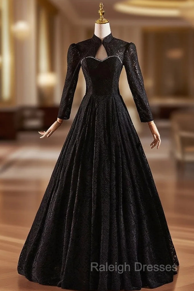 Black Lace Long Sleeve Backless Prom Dress Main image