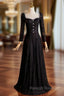 Black Lace Long Sleeve Square Neck Prom Dresses