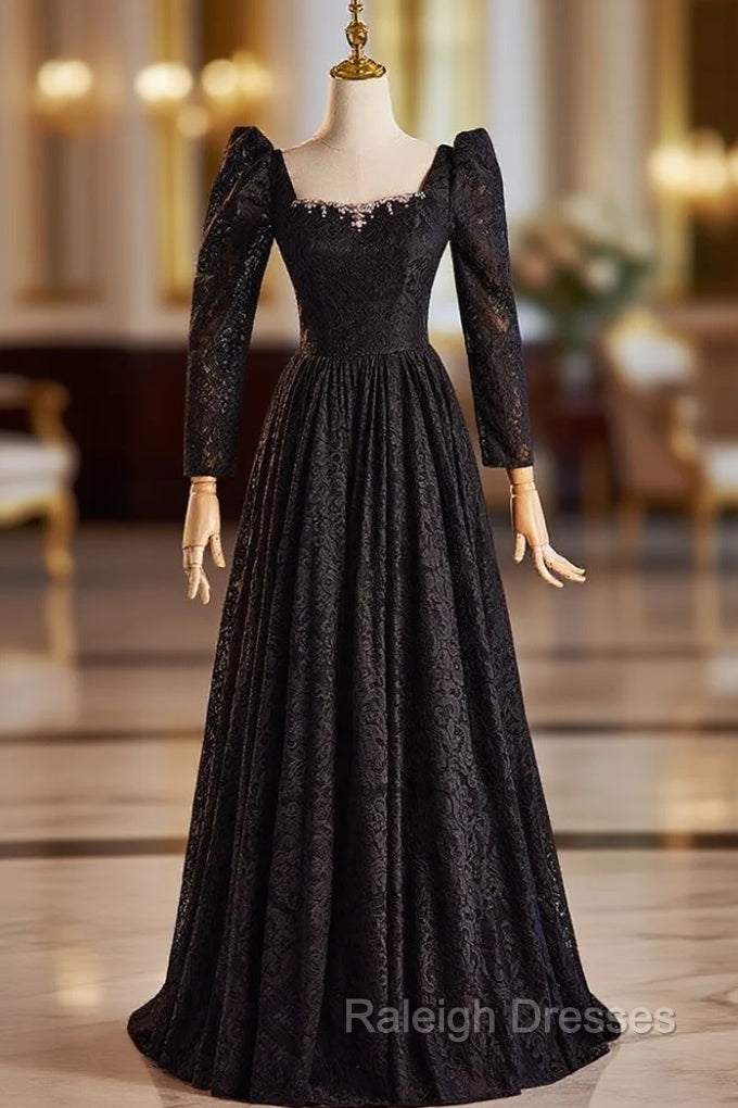 Black Lace Long Sleeve Square Prom Dress Main image