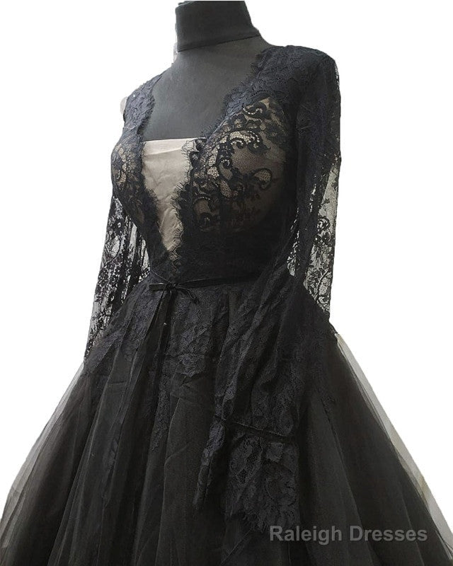 Black Lace Long Sleeve Tulle Wedding Dress