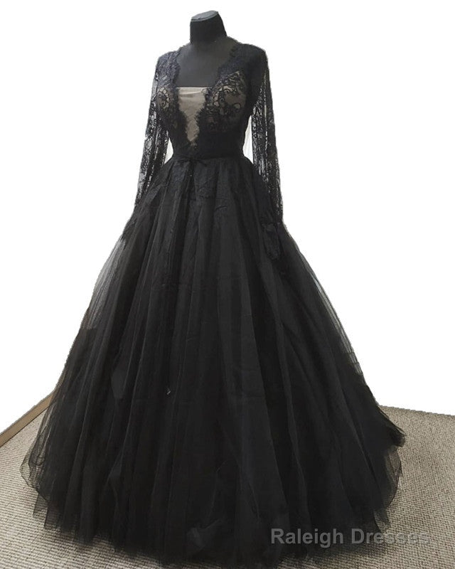 Black Lace Long Sleeve Tulle Wedding Dresses