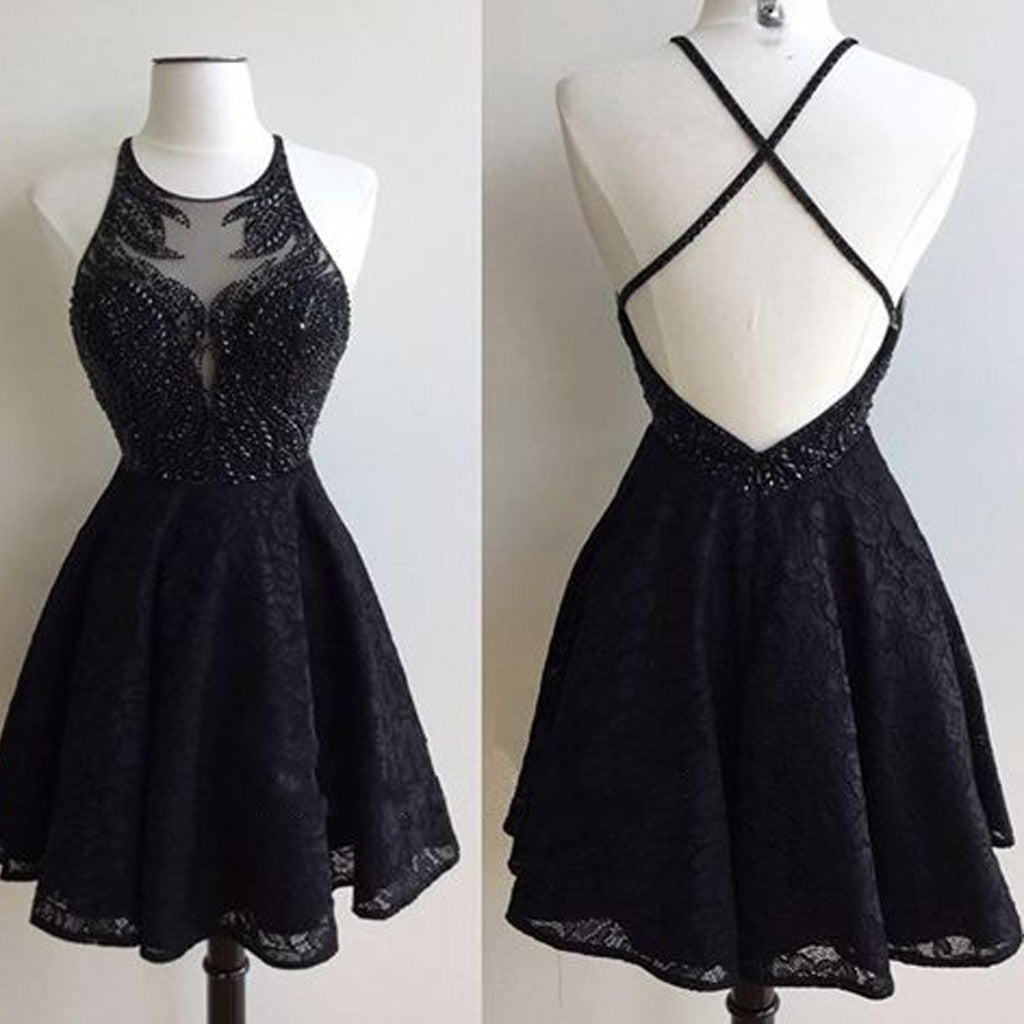 Black Lace Open Back Beaded Sexy Prom homecoming Formal Prom Dress Main image