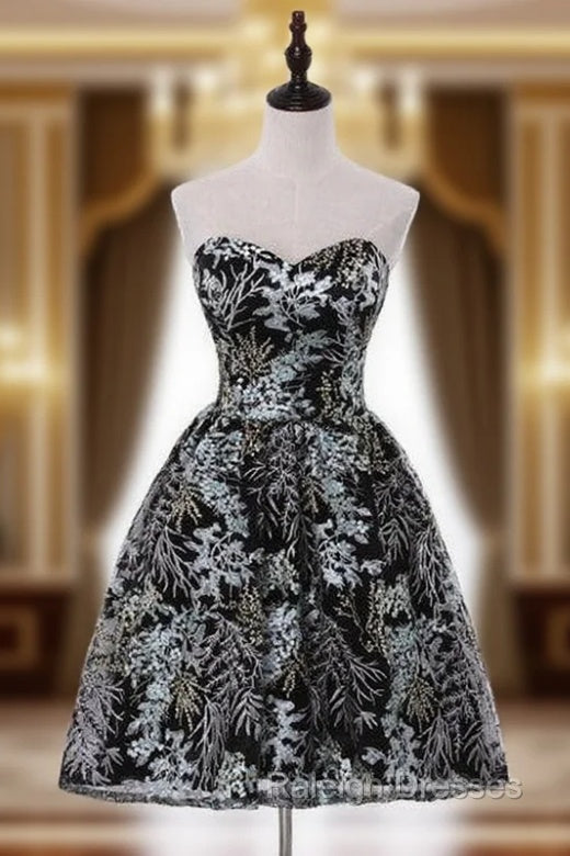 Black Lace Print Strapless Homecoming Dress Main image