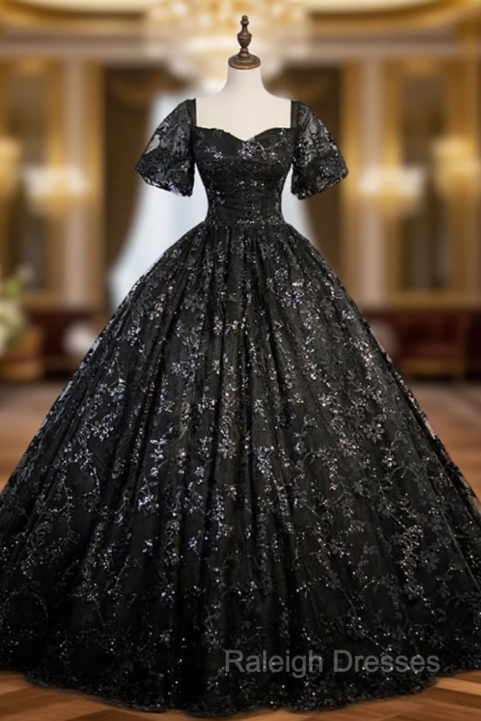 Black Lace Sequins Puff Sleeve Quinceanera Dress