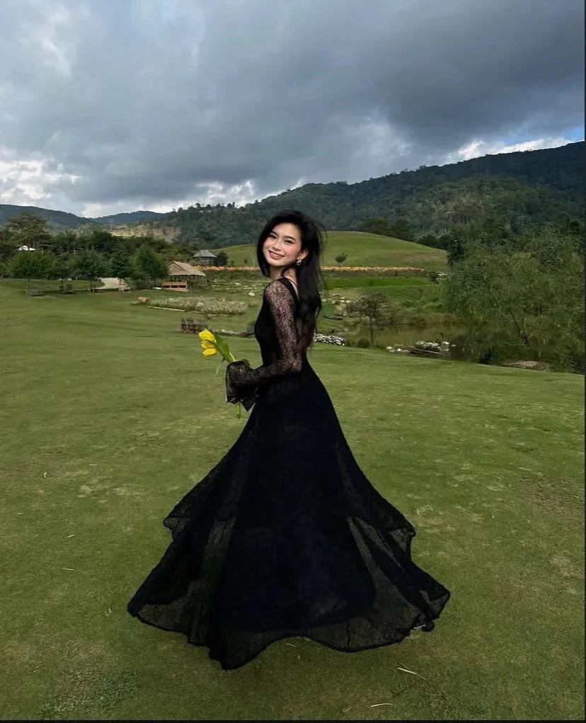 Black Lace A-Line Long Sleeve Prom Dresses Prom Dress Prom Gowns