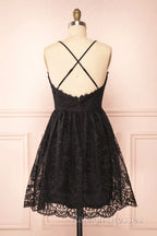 Black Lace Straps A-Line Short Party Dress Lace Homecoming Dresses