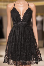 Black Lace Straps A-Line Short Party Dress Lace Homecoming Dresses
