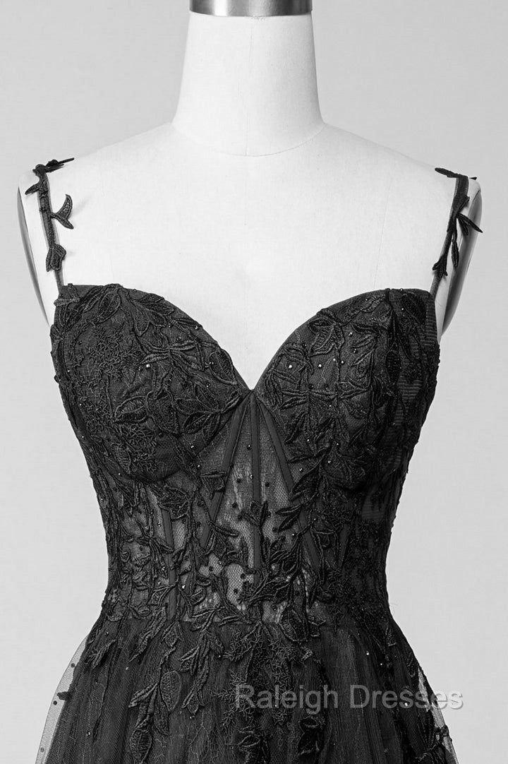Black Lace Straps Beaded A Line Prom Dress, Black Floor Length Formal Dress Secondary image