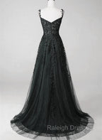 Black Lace Straps Beaded A-line Prom Dress Party Dress, Black Floor Length Formal Dress